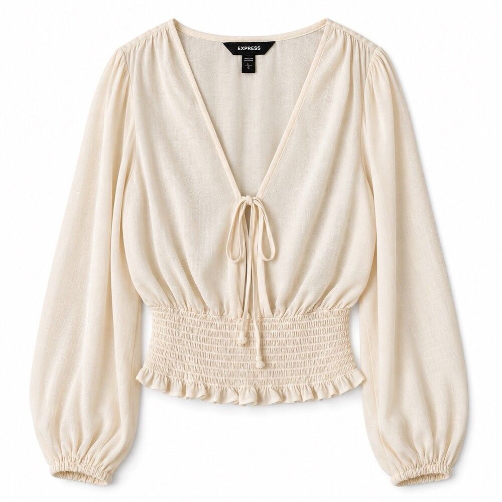 Express Women's Cream Tie Front Cropped Blouse Deep V-Neck Size L